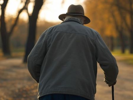 Bolesť chrbta - senior s paličkou na prechádzke