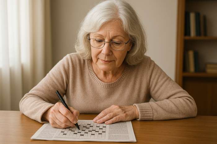 tréning pamäti- obrázok seniorky s krížovkou